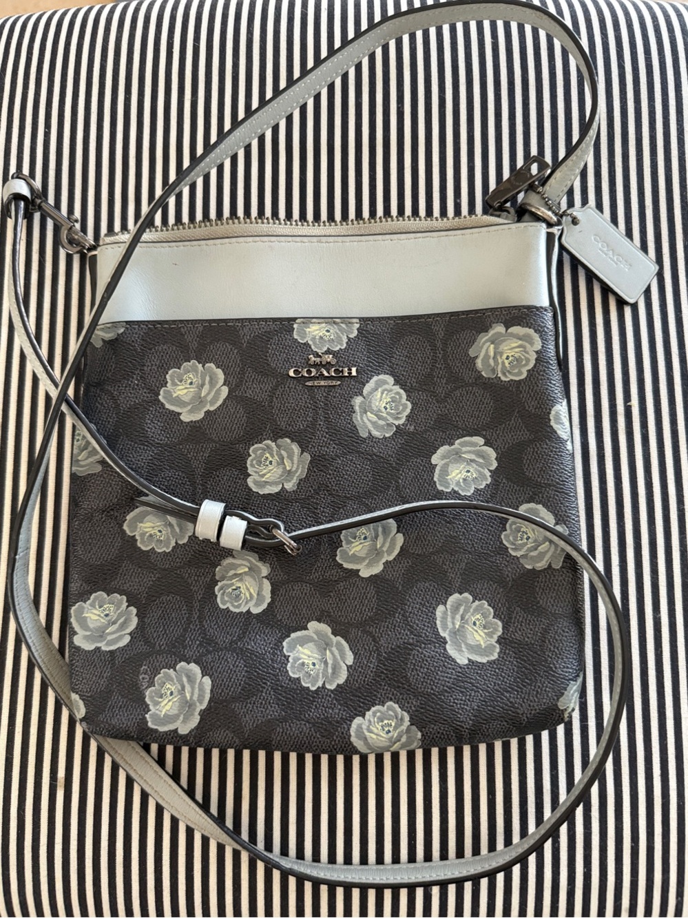 COACH Gray Floral Print Crossbody Bag with Light Gray Trim